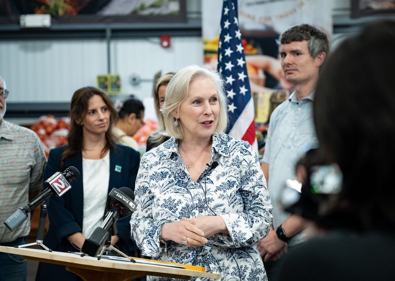 U.S. Senator Kirsten Gillibrand speaks inside Bargain Grocery in Utica, NY on Friday, July 17, 2026. Regarding families statewide, Senator Gillibrand addressed both the direct impact of soaring grocery prices, and the cost of necessary household items.