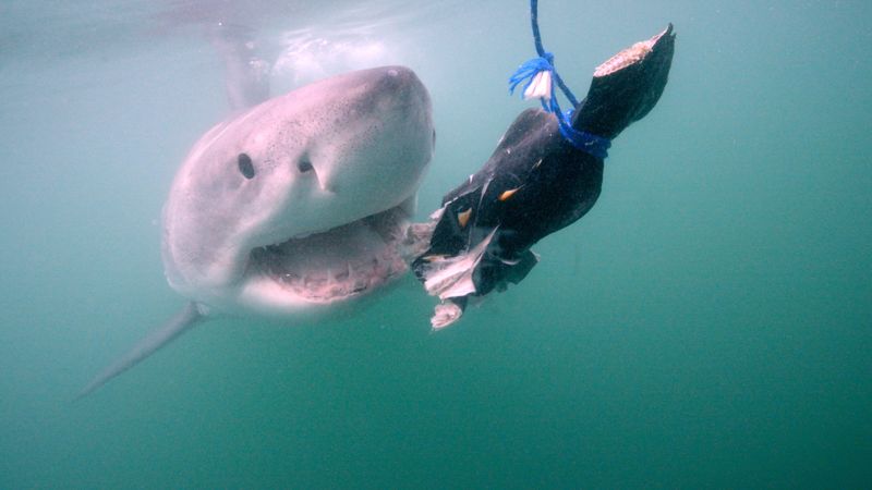 A great white shark attacks bait during filming of Discovery's "Invasion of the Mega Sharks," which premieres during Shark Week 2026.