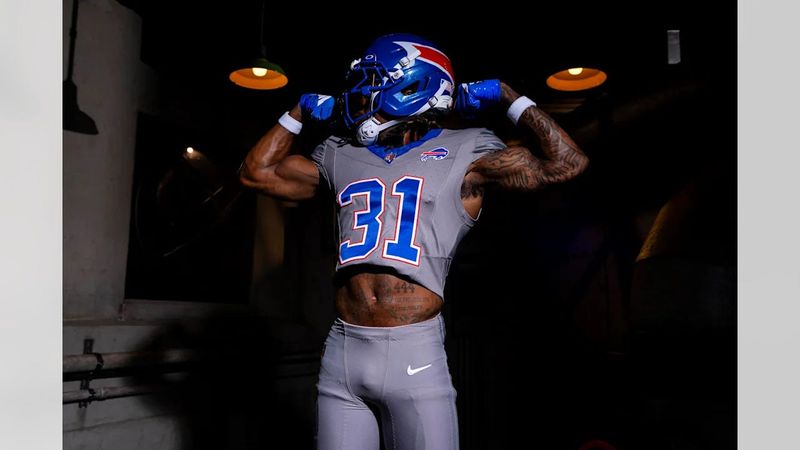 Buffalo Bills cornerback Maxwell Hairston models the team's new "Nickel City" alternate uniforms.