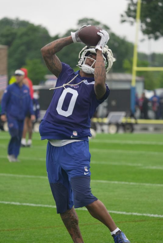 Bills Keon Coleman hauls down a pass in a few after official practice workout at Bills Training Camp at St. John Fisher University on July 29, 2026 in Pittsford