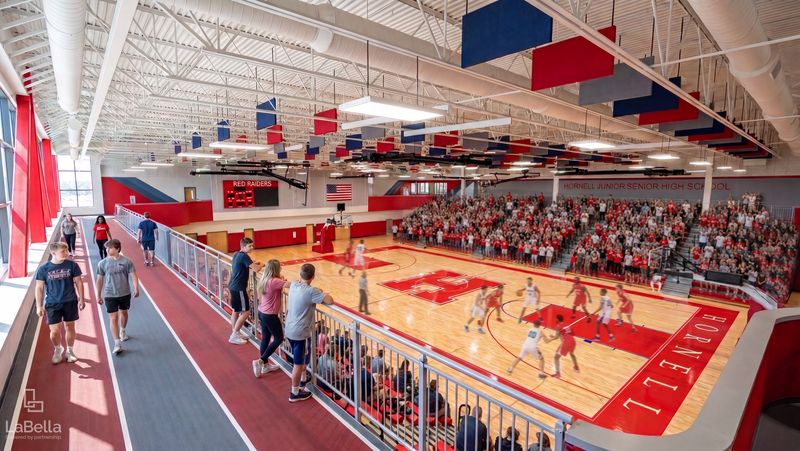 An updated rendering of the court and interior of the new competition gymnasium under construction at Hornell High School.