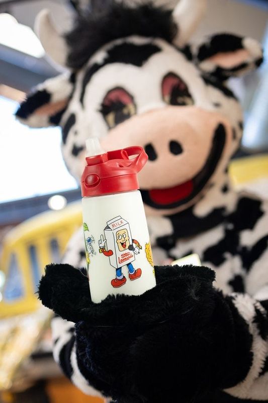 Wow the Cow holds the new Stew Leonard's children's water bottle, available at the grocery stores in Yonkers, Connecticut, on Long Island, and in New Jersey and expected to be available for nationwide shipping by the end of this week through StewsGifts.com.