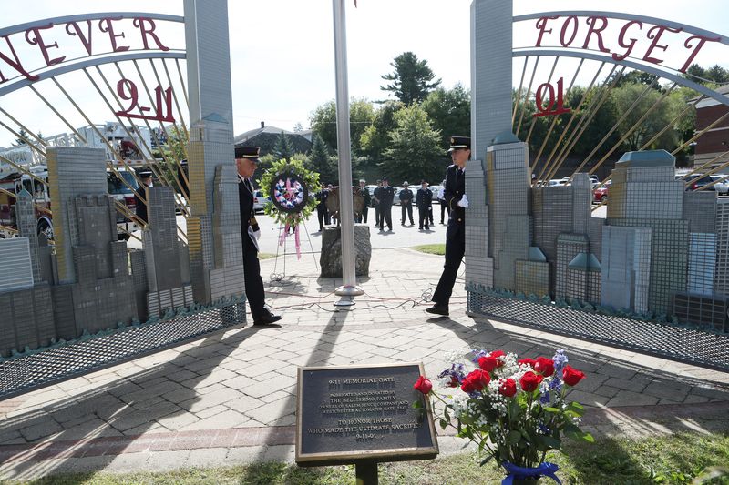 The Mahopac Fire Department held their annual 9-11 memorial ceremony next to a piece of World Trade Center steel and a custom made gate outside their fire headquarters on Route 6 and Croton Falls Road in Mahopac Sept. 11, 2024. Several Putnam County first responders were among the many that lost their lives on this day 23-years ago.