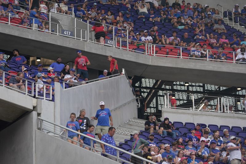Fans make their way to their seats for the Return of the Blue and Red practice at Highmark Stadium in Orchard Park on Aug. 8, 2026.