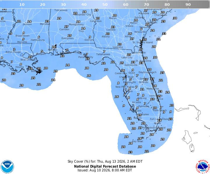 This graphic from the National Weather Service shows clear skies in the forecast overnight Aug. 12- Aug. 13 when the Perseid meteor shower will be at its peak activity.