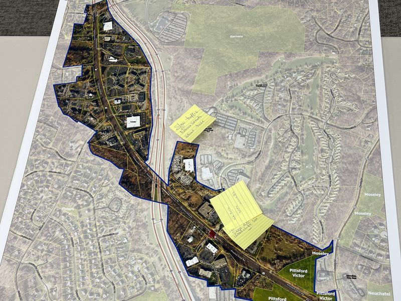 A display board of the subject area for the new Route 96 subarea plan which will be completed by the Town of Perinton