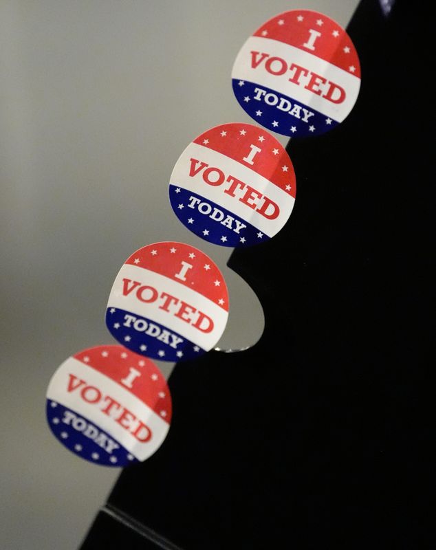 "I voted today" stickers await voters during the partisan primary election Tuesday, August 11, 2026, at Pentecostals of the Fox Cities in Fox Crossing, Wisconsin.