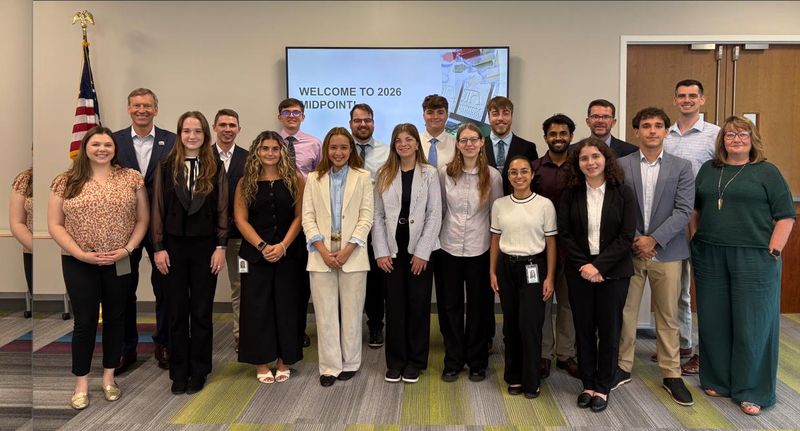 Indium Corporation President & CEO Ross Berntson (back, far left) poses with the 2026 summer internship class, program coordinators, and members of his senior leadership team to celebrate the interns completing the company's 10-week summer program.