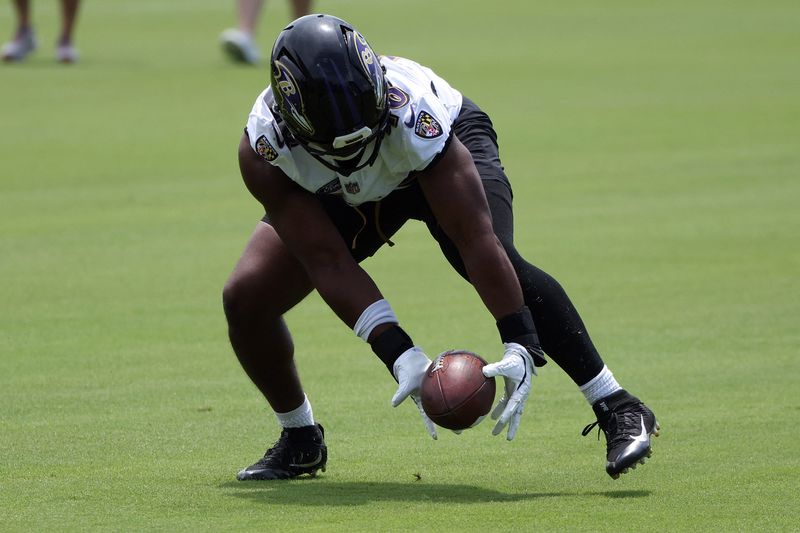 Jun 10, 2025; Baltimore, MD, USA; Baltimore Ravens linebacker Chandler Martin (48) picks up a loose ball during an NFL OTA at Under Armour Performance Center. Mandatory Credit: Daniel Kucin Jr.-Imagn Images