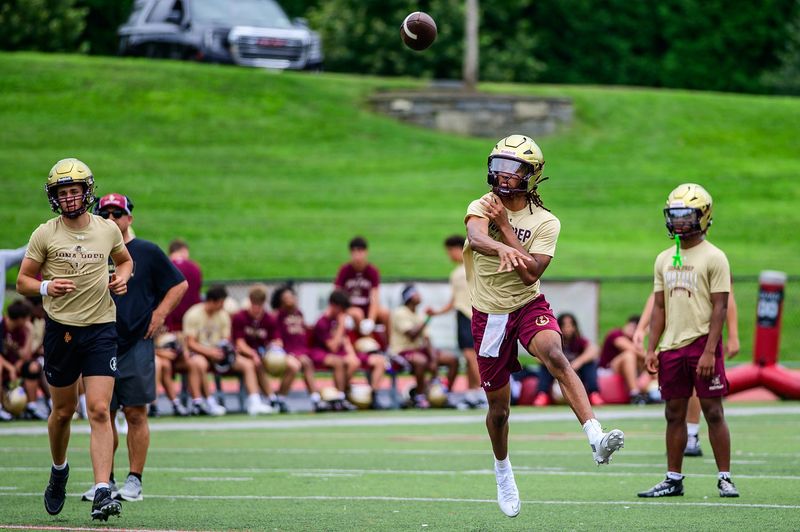 Iona Prep quarterback Jaydin Jackson throws the ball during the Iona Prep football practice in New Rochelle, NY on Monday, August 17, 2026.