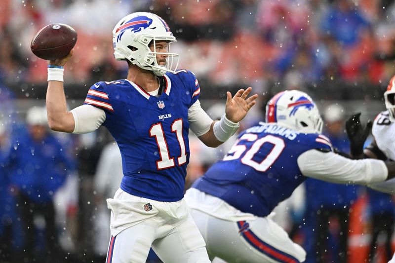 Aug 22, 2026; Cleveland, Ohio, USA; Buffalo Bills quarterback Kyle Allen (11) throws a pass during the first quarter against the Cleveland Browns at Huntington Bank Field.