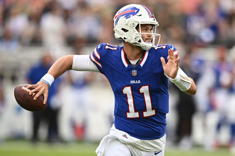 Aug 22, 2026; Cleveland, Ohio, USA; Buffalo Bills quarterback Kyle Allen (11) looks to pass during the first half against the Cleveland Browns at Huntington Bank Field. Mandatory Credit: Ken Blaze-Imagn Images