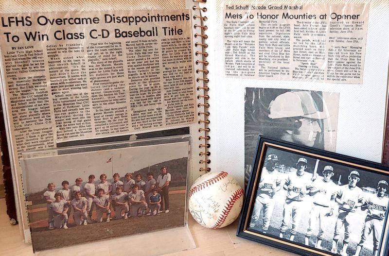 Mementoes from the collection of one of the players on Little Falls' 1982 state baseball championship team include a scrapbook assembled by his mother with game stories clipped from local papers, photos of the team and its five seniors, and a ball signed by the Mounties.