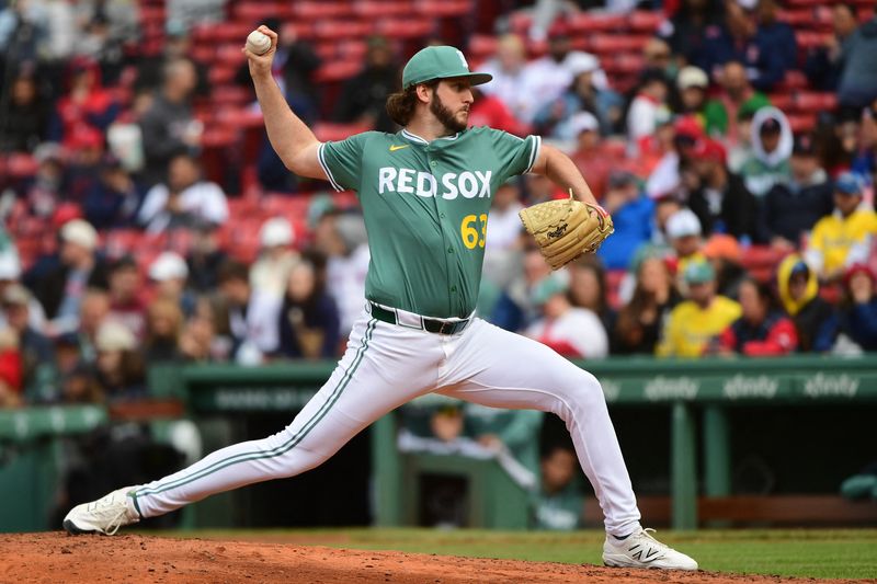 FILE PHOTO: May 24, 2025; Boston, Massachusetts, USA; Boston Red Sox relief pitcher Justin Slaten (63) pitches during the eighth inning against the Baltimore Orioles at Fenway Park. Mandatory Credit: Bob DeChiara-Imagn Images/File photo