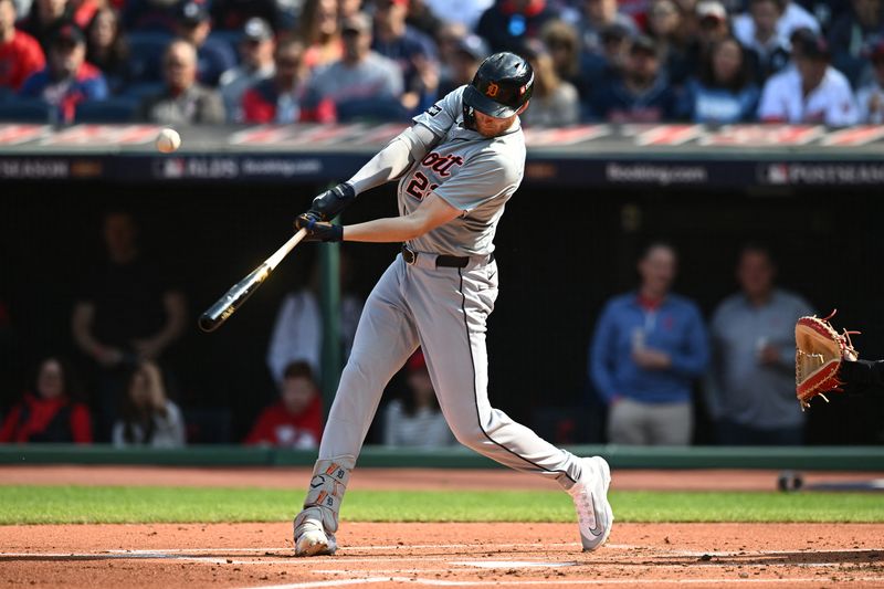 FILE PHOTO: Oct 12, 2024; Cleveland, Ohio, USA; Detroit Tigers outfielder Parker Meadows (22) hits a double in the second inning against the Cleveland Guardians during game five of the ALDS for the 2024 MLB Playoffs at Progressive Field. Mandatory Credit: Ken Blaze-Imagn Images