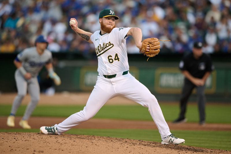 FILE PHOTO: Aug 3, 2024; Oakland, California, USA; Will Klein (64) throws against the Los Angeles Dodgers during the sixth inning at Oakland-Alameda County Coliseum. Mandatory Credit: Robert Edwards-USA TODAY Sports
