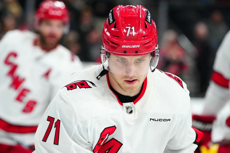 FILE PHOTO: Feb 17, 2024; Las Vegas, Nevada, USA; Carolina Hurricanes right wing Jesper Fast (71) warms up before a game against the Vegas Golden Knights at T-Mobile Arena. Mandatory Credit: Stephen R. Sylvanie-USA TODAY Sports/File Photo