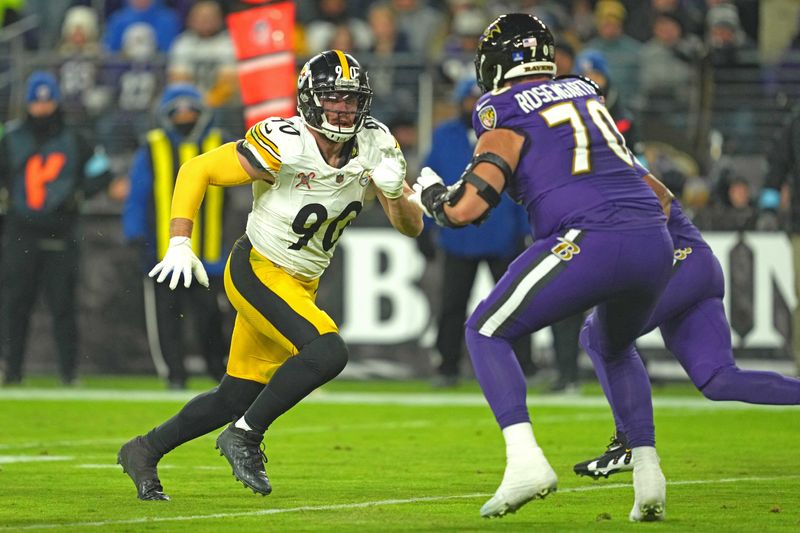 FILE PHOTO: Dec 21, 2024; Baltimore, Maryland, USA; Pittsburgh Steelers linebacker T.J. Watt (90) rushes in the second quarter against Baltimore Ravens tackle Roger Rosengarten (70) at M&T Bank Stadium. Mandatory Credit: Mitch Stringer-Imagn Images/File Photo