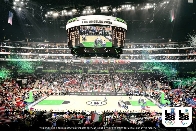 The planned wheelchair basketball venue for the Los Angeles 2028 Paralympic Games is seen in a digital artist's rendering released June 3, 2025.  LA28 Paralympics/Handout via REUTERS.