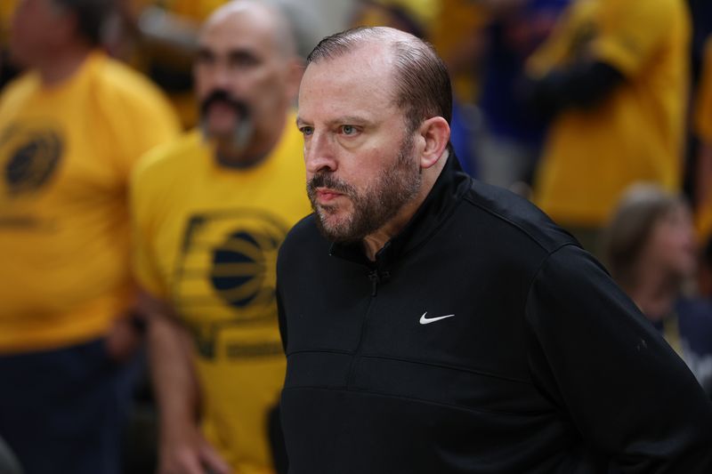 FILE PHOTO: May 31, 2025; Indianapolis, Indiana, USA; New York Knicks head coach Tom Thibodeau looks on prior to game six of the eastern conference finals against the Indiana Pacers for the 2025 NBA Playoffs at Gainbridge Fieldhouse. Mandatory Credit: Trevor Ruszkowski-Imagn Images/File Photo