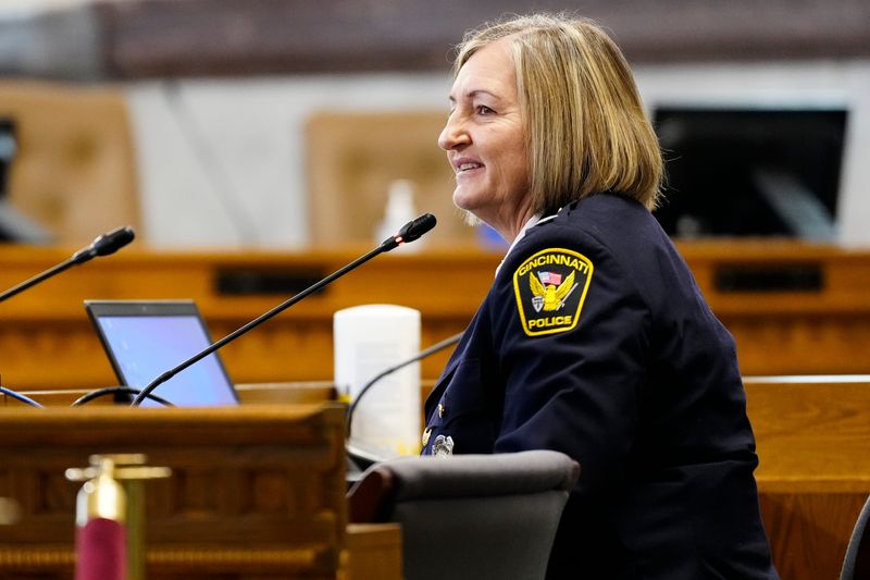 Interim Police Chief Teresa Theetge, candidate for new Cincinnati Chief of Police, gives a statement during a meeting of the Cincinnati City Council Law and Public Safety Committee at City Hall in the Over-the-Rhine neighborhood of Cincinnati on Tuesday, Nov. 29, 2022.