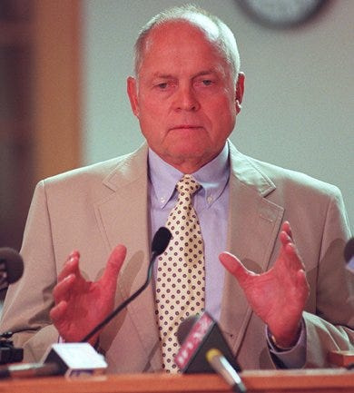 Hamilton County Sheriff Simon Leis speaks before  county commissioners in August 1996 in favor of a proposed sales tax increase that would fund additional jail space and benefit county police agencies. County voters rejected the tax hike that fall.