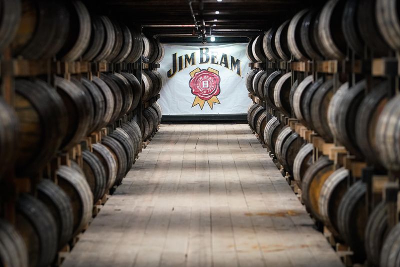 Barrels of bourbon are stacked in a barrel house at the Jim Beam Distillery on Feb. 17, 2020, in Clermont, Kentucky.