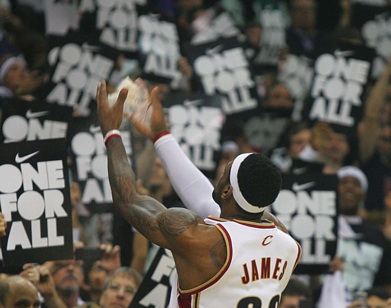 LeBron James does his famous chalk toss before the game against the Boston Celtics in a Eastern Conference semifinal game at Quicken Loans Arena on May 3, 2010.