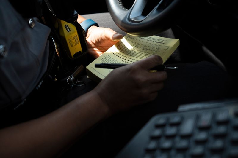 Ohio State Highway Patrol Sgt. Brandi Allen issues a warning in April 2023 to a driver who she saw driving while distracted.