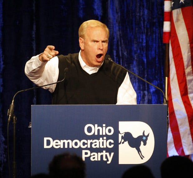 Former governor Ted Strickland fires up the crowd during the Ohio Democratic Party's election night festivities on Nov. 6.