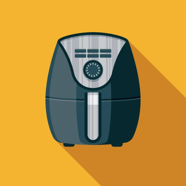 A flat design styled air fryer icon with a long side shadow. Color swatches are global so itâ€™s easy to edit and change the colors.
