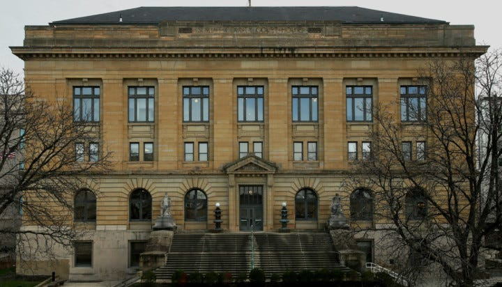 An exterior photo of the Summit County Courthouse taken from High Street. The Ohio Channel is producing a series of mini-documentaries on the county courthouses in all of Ohio's 88 counties and filming in Summit's county courthouse should begin soon. (Ed Suba Jr./Akron Beacon Journal)