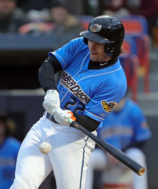 Akron RubberDucks centerfielder Chase DeLauter connects with a pitch April 5, 2024, in Akron, Ohio.