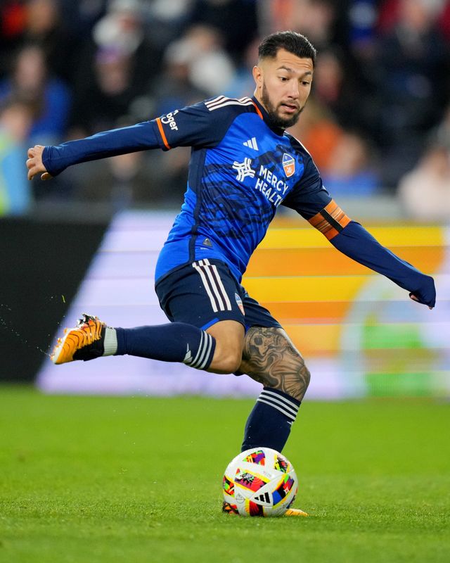 FC Cincinnati midfielder Luciano Acosta (10) plays the ball forward in the second half of an MLS soccer game against the New York Red Bulls, Saturday, April 6, 2024, at TQL Stadium in Cincinnati. The New York Red Bulls won, 2-1.