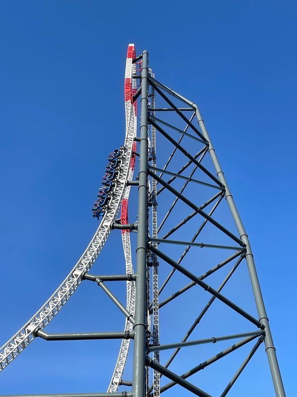 Riders on Cedar Point's Top Thrill 2 coaster make their way up the 420-foot-tall tower.