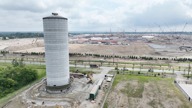 July 30, 2024; Columbus, Ohio, USA; A new 200-foot water tower is being built along Clover Valley Road just west of the Intel computer chip manufacturing facility in New Albany, Ohio. The water tower will serve the Intel plant and the New Albany International Business Park area. The city of New Albany built the water tower; the city of Columbus will provide the water for it.