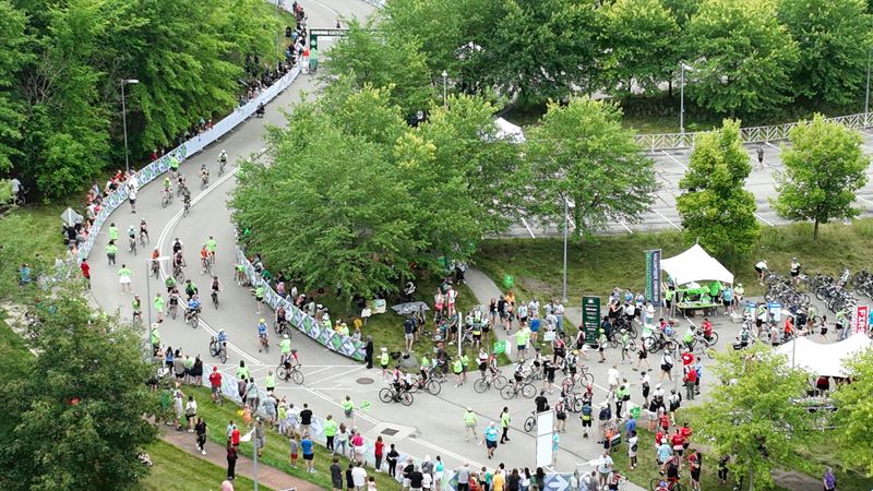 Aug 3, 2024; New Albany, Ohio, USA; Pelotonia 2024 riders complete the 20-mile portion at the Abercrombie & Fitch headquarters. Of 6,800 people riding, 2,000 people finished at the headquarters.
