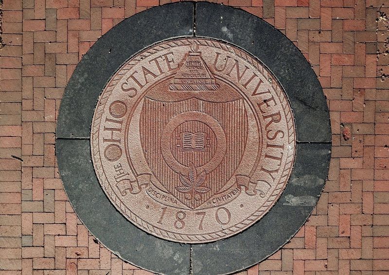 The Ohio State University seal at the East entrance to the Oval. Photographed March 18, 2018. (Columbus Dispatch photo by Doral Chenoweth III) Aerial Drone logo crest