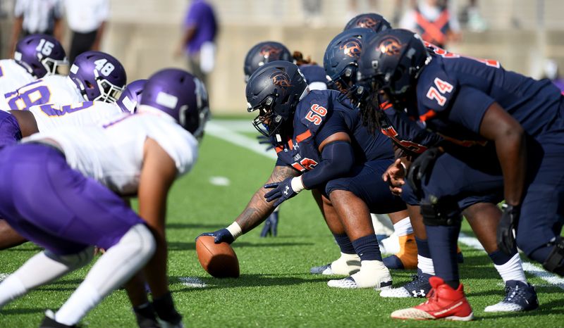 The Virginia State offensive line faces the defense of Benedict College in the second quarter of the Black College Football Hall of Fame Classic at Tom Benson Hall of Fame Stadium. Sunday, Sept. 1, 2024.