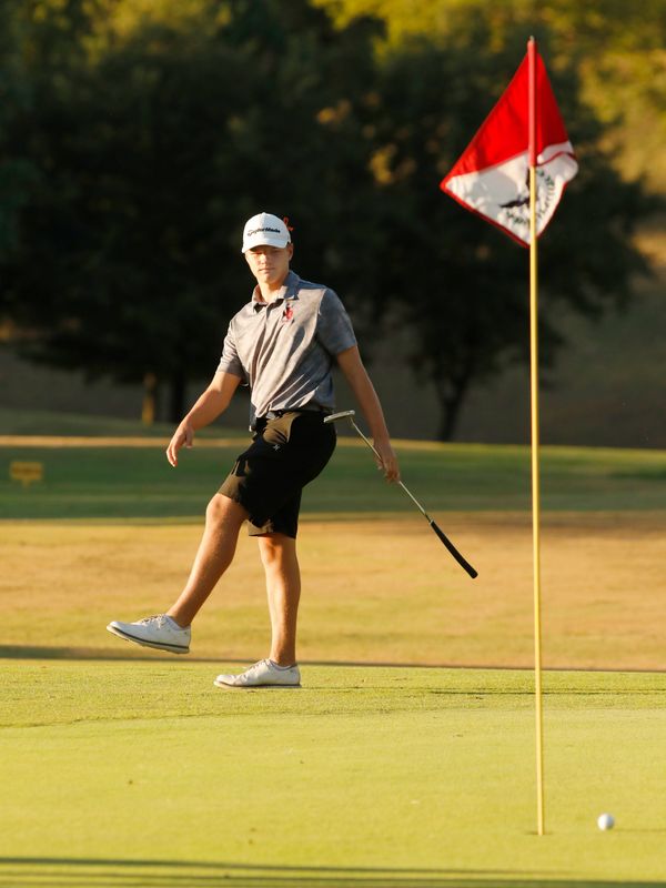 John Glenn's Noah Dever reacts to missing a putt on the ninth hole during a trimatch with Sheridan and host Maysville on Thursday at EagleSticks. Dever shot 2-under-par 33 but the Muskies saw their 84-match winning streak in Muskingum Valley League play snapped by one shot.