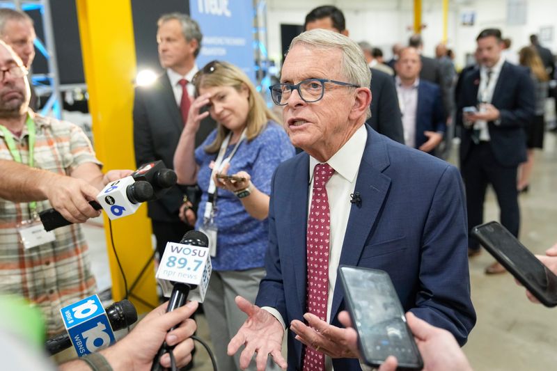 Sep 12, 2024; Hilliard, OH, USA; Ohio Gov. Mike DeWine speaks to reporters during a grand opening ceremony for Forsee Power’s North American Headquarters & Industrial Site.