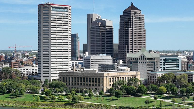 Sep 13, 2024; Columbus, OH, USA; The Joseph P. Kinneary United States Courthouse is a federal courthouse in Columbus, Ohio and is flanked by the American Electric Power headquarters (left) and other skyscrapers.