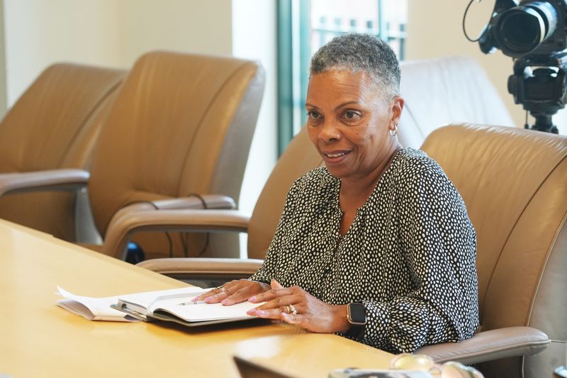 Sep 19, 2024; Columbus, Ohio, USA; Jocelyn Hamlar, a Gahanna resident and Columbus native who is retired from careers in corporate communication and substance-abuse counseling, makes a point at the Columbus Dispatch editorial board meeting Thursday, September 19, 2024. She is a Dispatch Editorial Board community advisor. Doral Chenoweth, Doral Chenoweth/The Columbus Dispatch