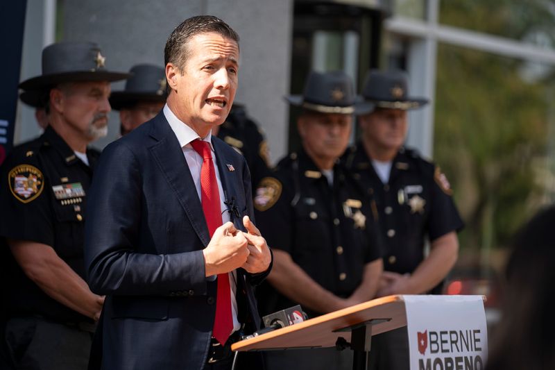 Sep 20, 2024; Columbus, Ohio, 43229; Bernie Moreno holds a press conference with sheriffs from around the state.