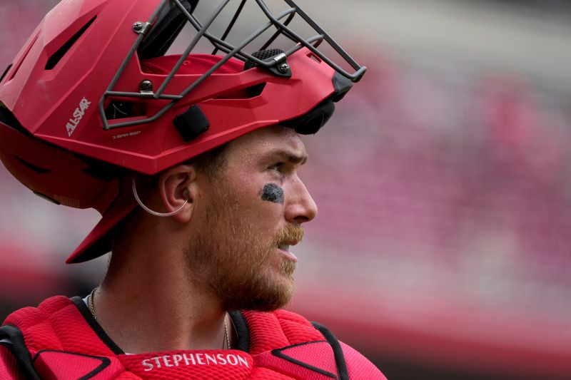 Cincinnati Reds catcher Tyler Stephenson (37) stands behind the plate in the third inning of the MLB National League Game between the Cincinnati Reds and the Pittsburgh Pirates at Great American Ball Park in downtown Cincinnati on Sunday, Sept. 22, 2024. The Pirates led 1-0 after four innings.