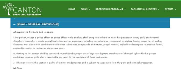 A screenshot of the Canton Parks and Recreation website shows Ordinance 539.02 prohibits anyone who is not a peace officer from carrying a firearm in a city park. Canton's law director says the ordinance will need to be changed.