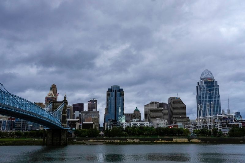 Cloudy skies near the Roebling Suspension Bridge and the Cincinnati riverfront after the remnants of Hurricane Helene brought high winds and rain to the Greater Cincinnati area Friday, September 27, 2024.