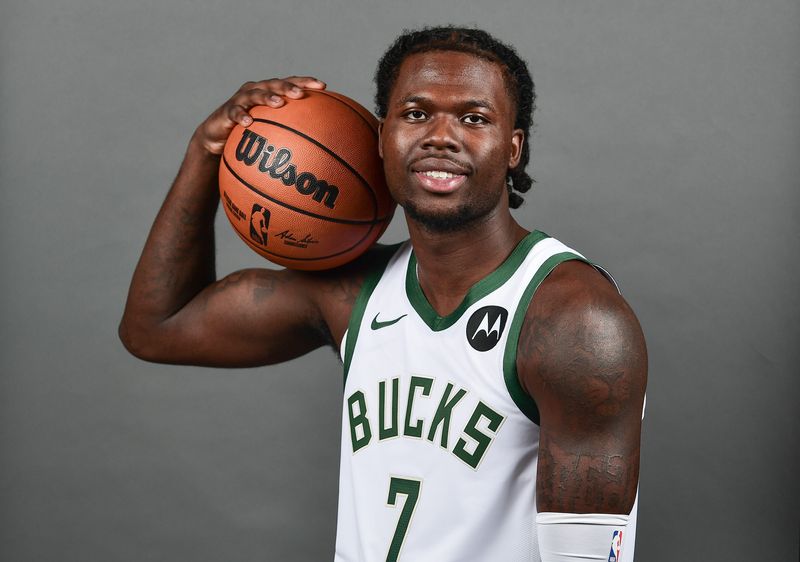 Sep 30, 2024; Milwaukee, WI, USA; Milwaukee Bucks center Chris Livingston (7) during Media Day at Fiserv Forum. Mandatory Credit: Benny Sieu-Imagn Images