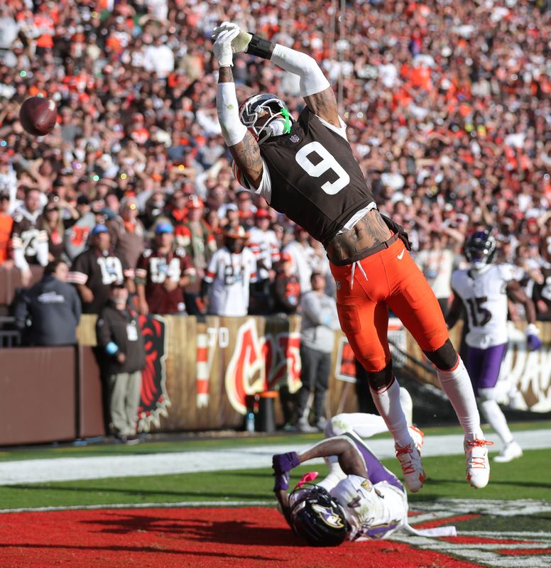 Cleveland Browns safety Grant Delpit (9) tips a pass intended for Baltimore Ravens wide receiver Zay Flowers on the last play of the game Oct. 27, 2024, in Cleveland, Ohio.