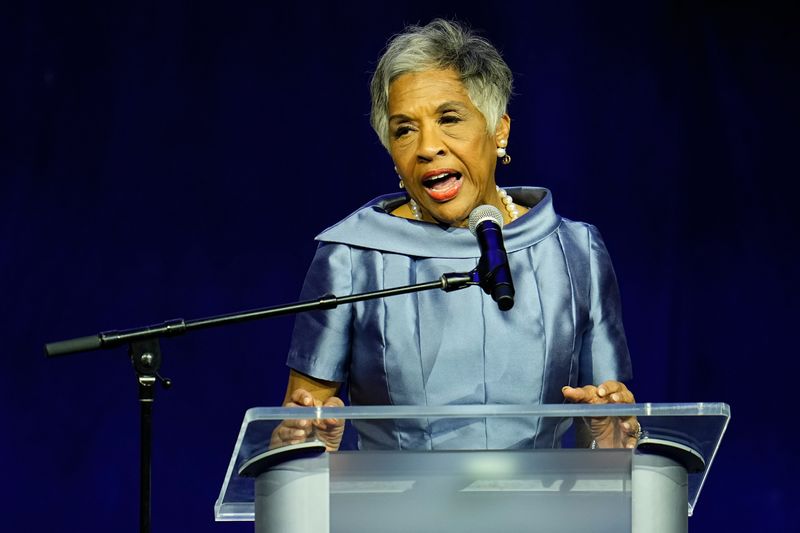 Rep. Joyce Beatty speaks about her reelection during the Ohio Democratic Party's election night gathering at the Hyatt Regency Downtown Columbus Convention Center Hotel on Tuesday, Nov. 5, 2024.
